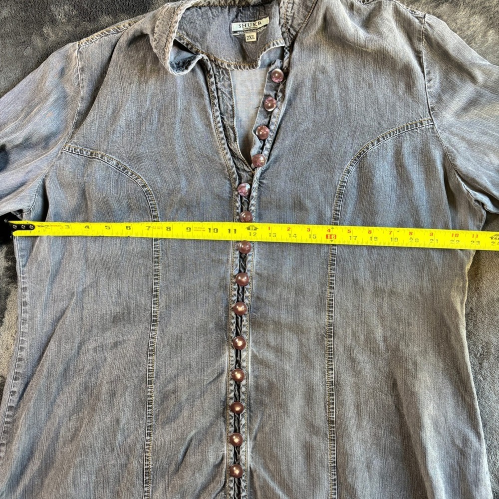 SHUKR Gray Denim Tunic Dress 2XL Mandarin Collar Button Front Modest Lagenlook - Picture 6 of 9